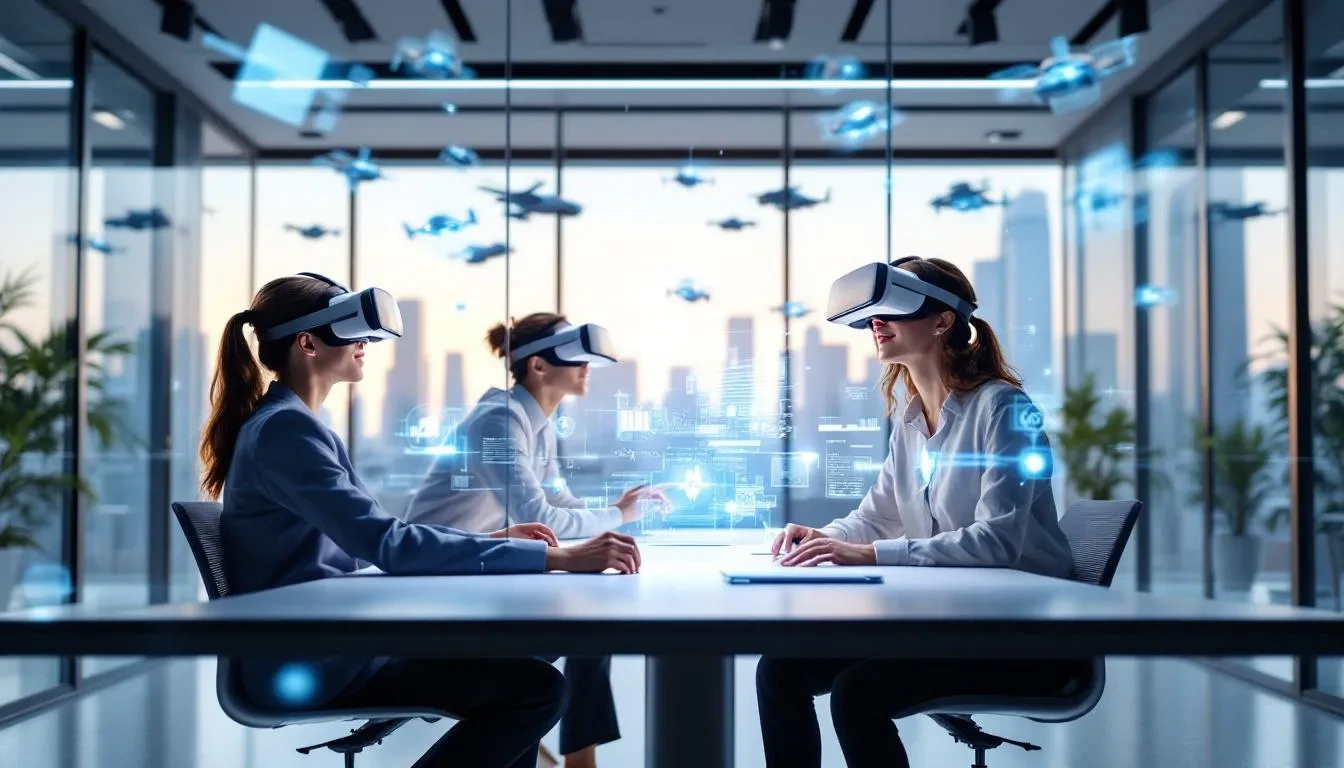 The image depicts a futuristic office environment where workers are collaborating using virtual reality headsets and AI-powered digital assistants, showcasing how emerging technologies are transforming the job market. This scene illustrates the integration of artificial intelligence and new technologies in enhancing productivity and creativity in the workplace.